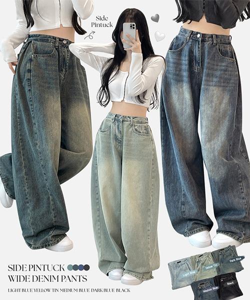 브아 [숏&롱/S~XL🖤옆핀턱] 블러 빈티지 워싱 하이웨스트 사이드 핀턱 루즈핏 와이드 벌룬 데님 팬츠 사계절 청바지(5color)
