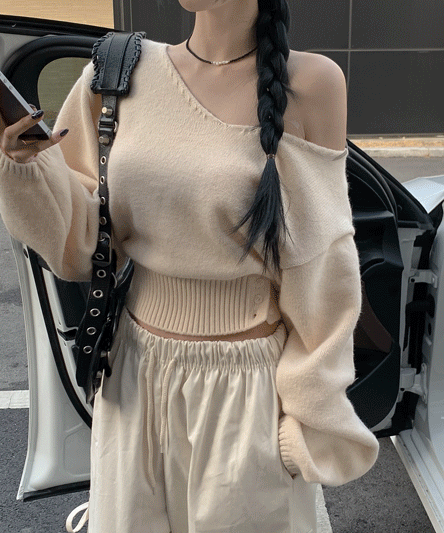 [허리단추/잘록핏/핏보장🖤] 문브이넥 오프 니트- 6color