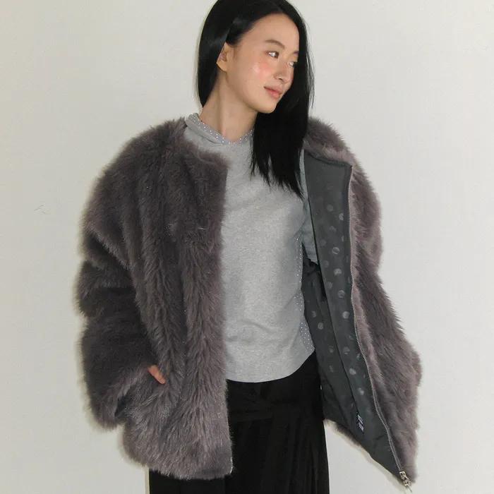 INNER POINTED FLUFFY FUR JACKET CHARCOAL