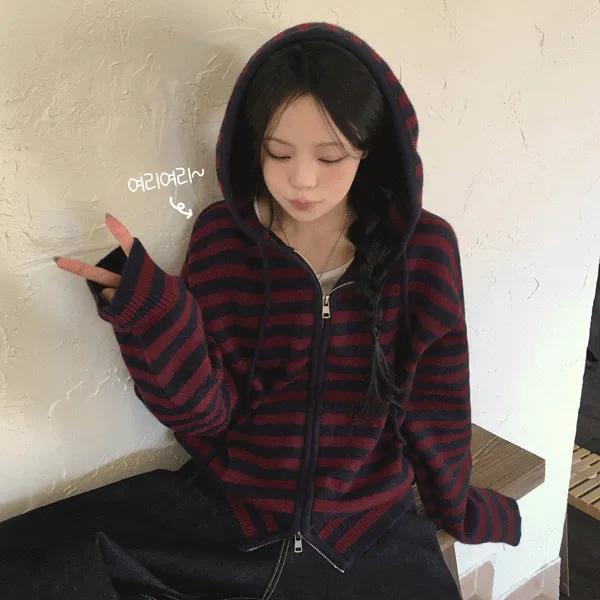[왕폭닥🧸/귀여운아방핏] 여리함 가득, 스트라이프 배색 단가라 투웨이 루즈핏 후드집업 니트가디건 (5color)