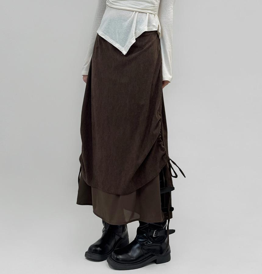 포어 코듀로이 레이어드 셔링 롱스커트