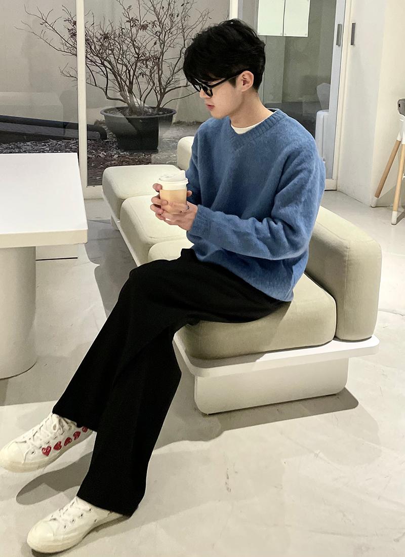 Blue Mohair V neck Knit - 남자 블루 앙고라 모헤어 브이넥 니트