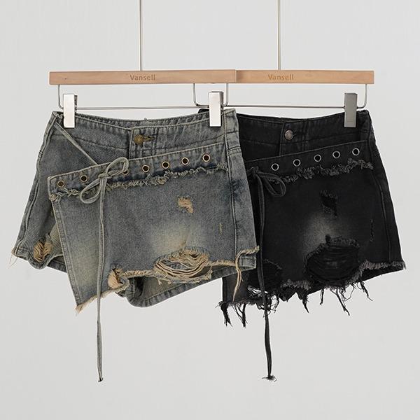 반셀 [44-66반/2컬러] 아일렛 레이어드 데님 스커트팬츠 치마바지 청치마 청반바지 미니스커트 데님스커트