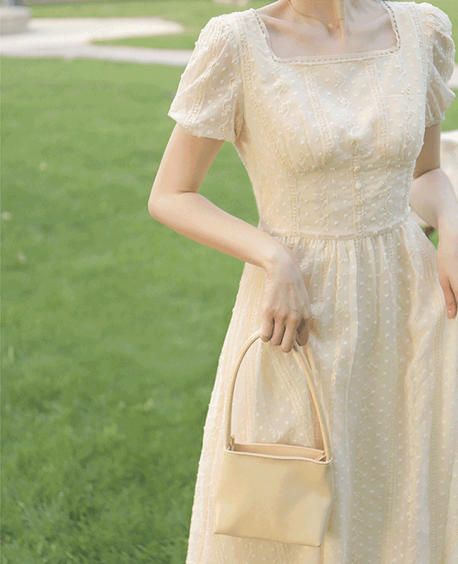 *당일발송(2XL)*[~3XL/빅사이즈원피스]프렌치 청순한스타일 스퀘어넥 롱원피스 반팔 퍼프소매 레이스블라우스 허리슬림 도트원피스 플리츠 a라인 플레어 쉬폰원피스 하객룩 키작녀 대형원피스