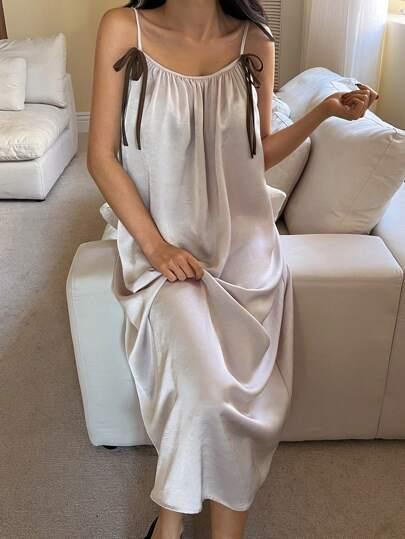 DAZY Satin Sleeveless Nightdress With Bow Tie Decor For Women