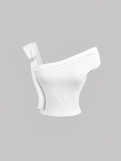 SHEIN MOD 비대칭 어깨 여성 여름 뮤직 페스티벌 화이트 탑