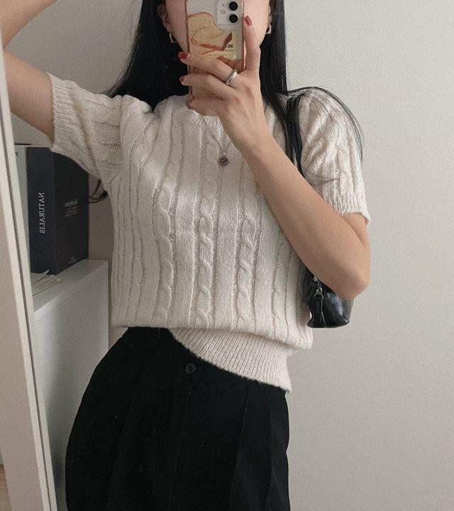 (9color) 포근 케이블 꽈배기 반팔 니트_몽그라미_2