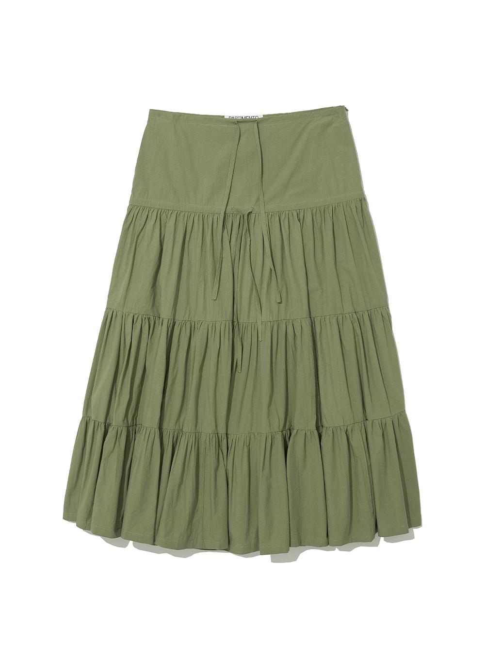 [WOMEN] BOW STRAP SHIRRING TIERED MAXI SKIRT_KHAKI GREEN