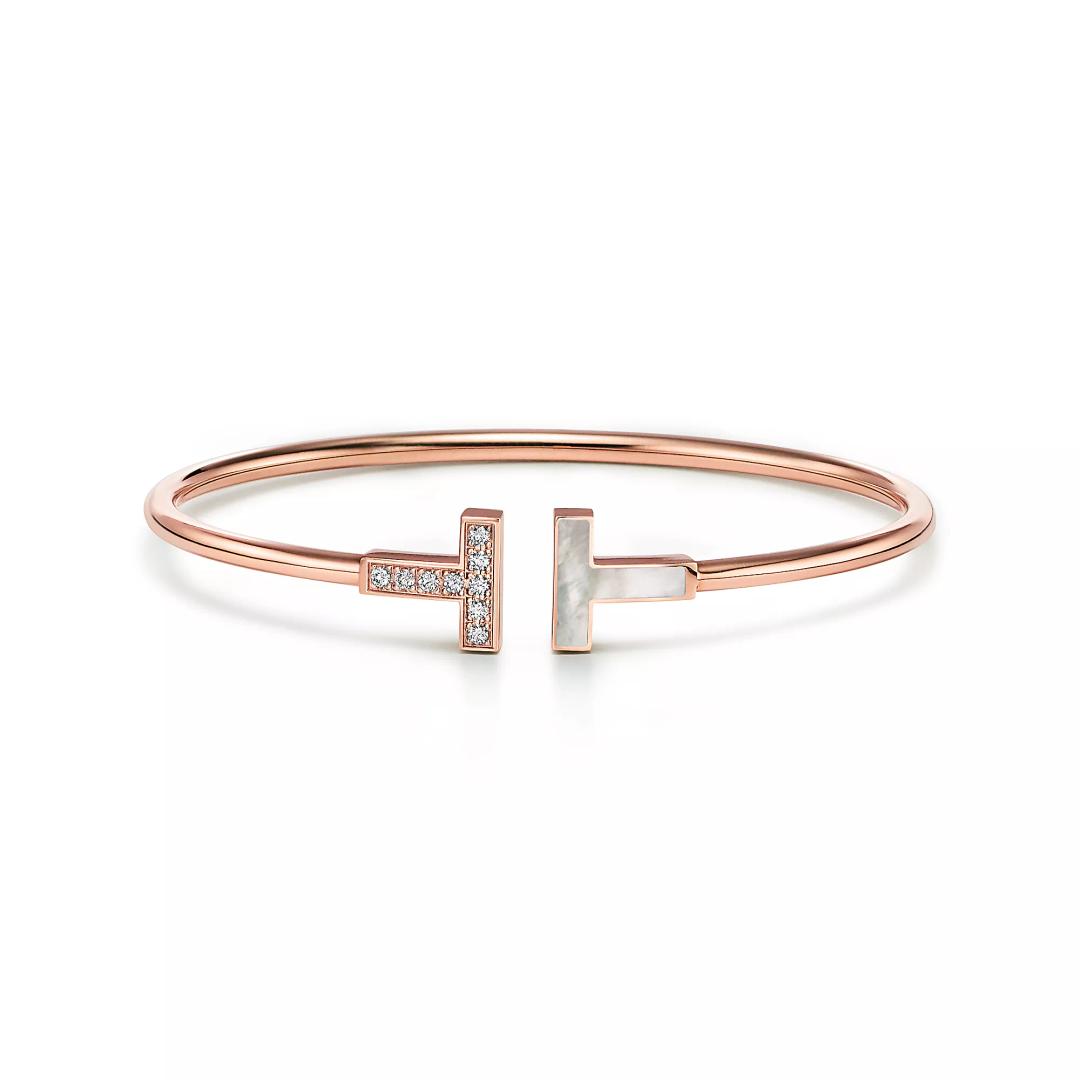 와이어 브레이슬릿, 로즈 골드, 다이아몬드와 마더 오브 펄 세팅