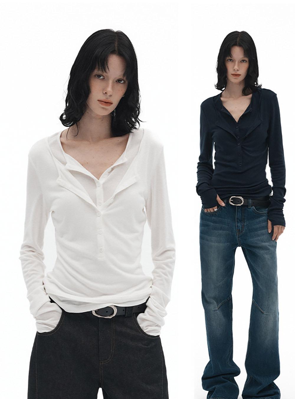 Layered Henley Neck Long Sleeve Tee (2color)