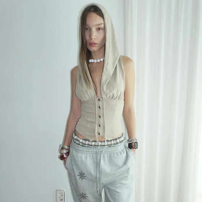 Classic Sleeveless Hoodie Beige