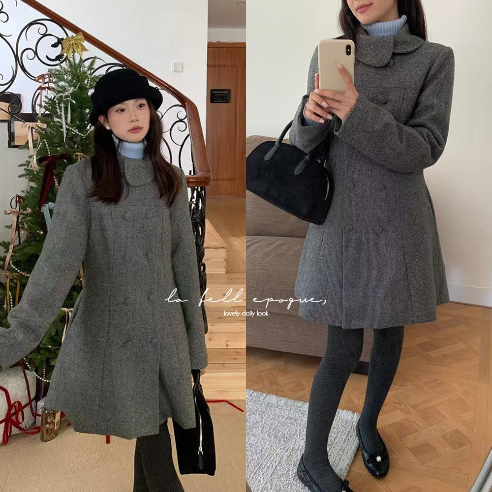 오프닝 겨울 결혼식 하객 슬림 A라인 더블 울 자켓 미니 원피스 ( 덕다운안감 )