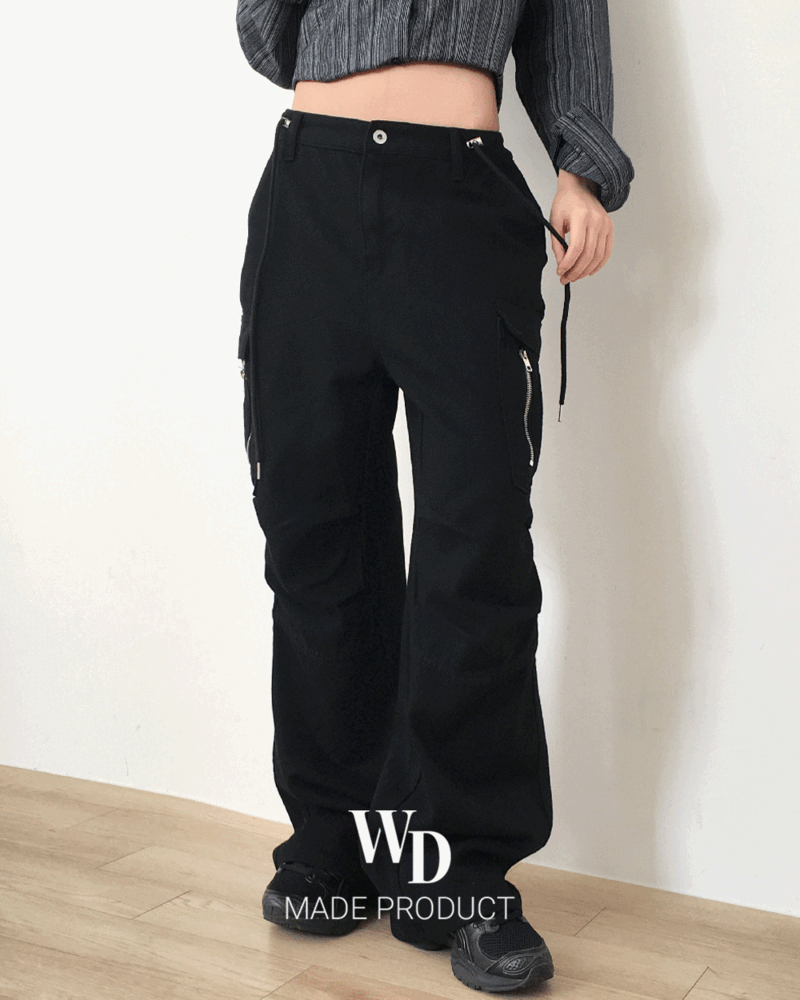 원더원더 [오늘출발/MADE] 테프 핀턱 지퍼 카고 롱  와이드 세미 부츠컷 팬츠