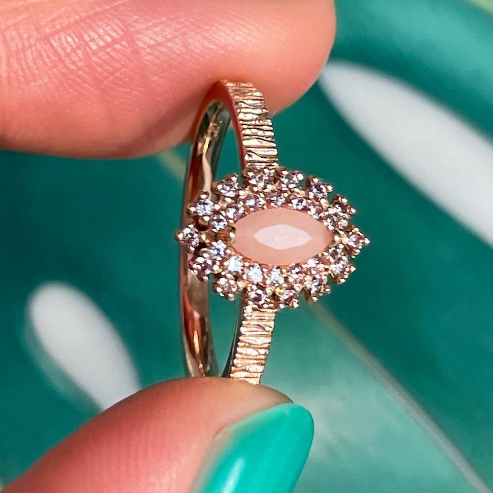 14K 18K 헤일로 마퀴즈 핑크 오팔 & 큐빅 반지