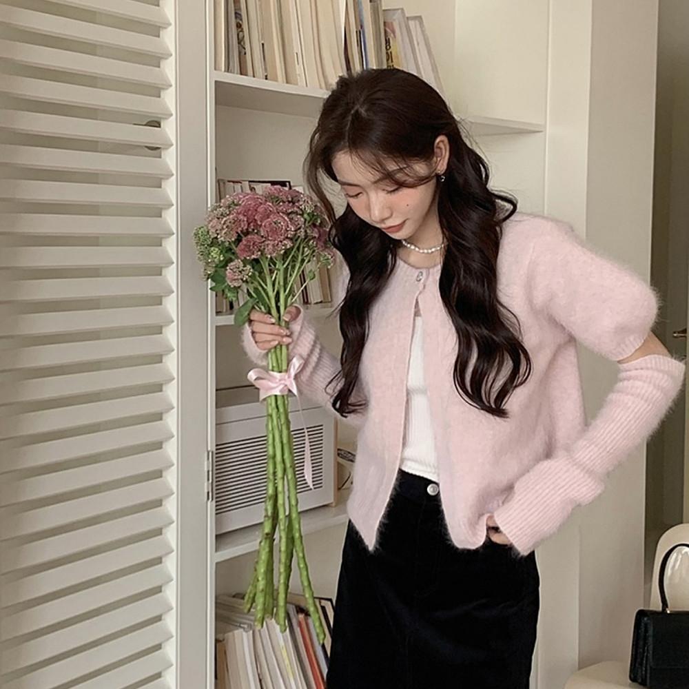 핸드워머세트 앙고라 밍크 퍼 부클 퍼프 반팔 니트 가디건