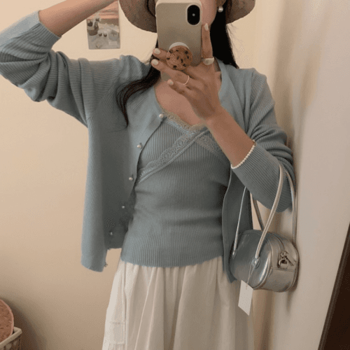 set 진주단추 나시가디건 세트 레이스 골지니트 크롭 여름 봄 슬림핏