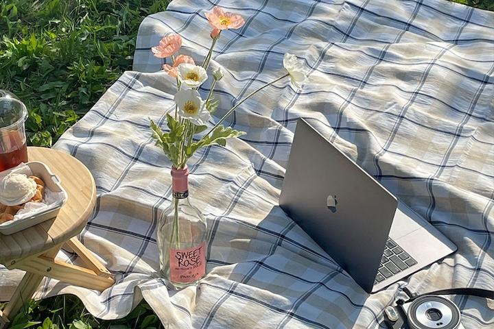 모던 린넨 체크 피크닉매트 감성 순면 단면방수 돗자리 3size