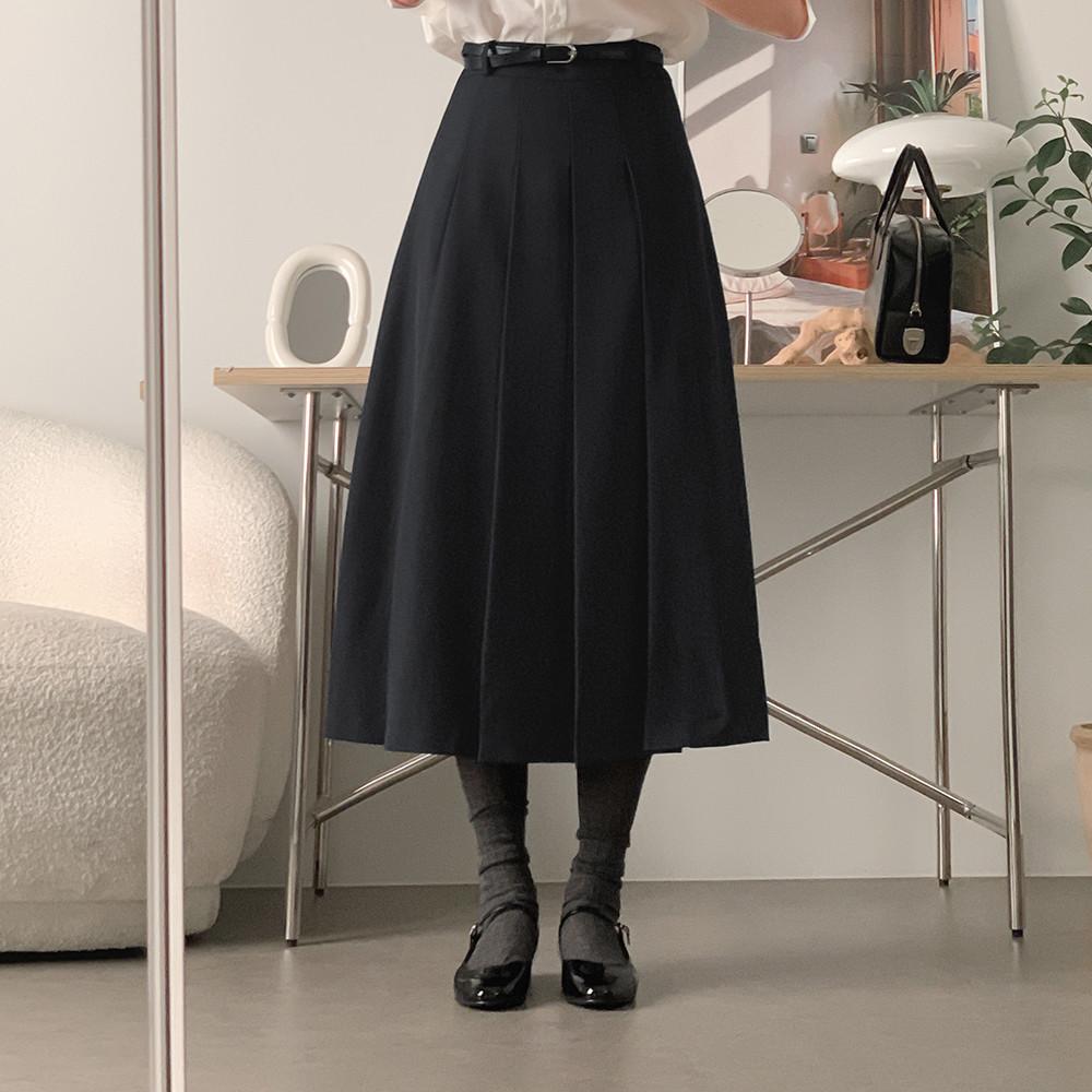 (자체제작) 로멜 트임 플리츠 롱스커트 (미드나잇 블루)