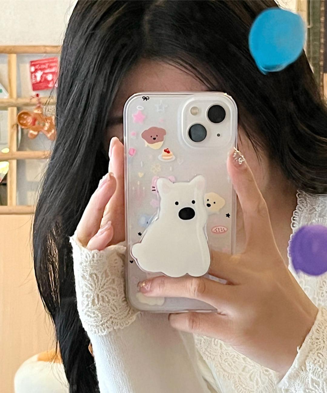 핑크리어카 귀여운 아이폰 왕코 강아지 반투명 스마트톡 그립 톡거치대 유니크 키치 핸드폰 휴대폰 애플 폰 우정 생일 선물 친구 선물 케이스 아이폰케이스 12 프로 13 14 15 프로맥스