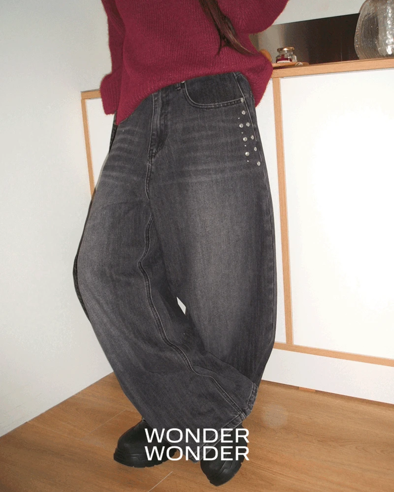 [MADE/스터드💗] 엔티 스터드 포켓 벌룬핏 워싱 데님 롱 팬츠