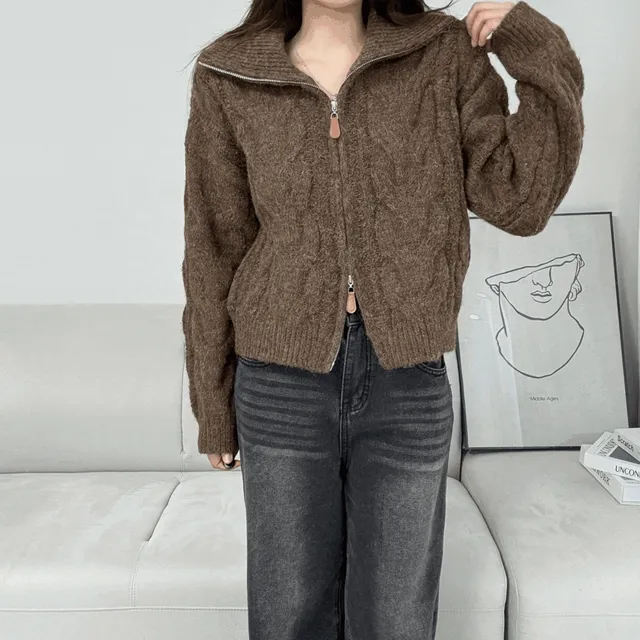 NB649 - 투웨이 도톰 꽈배기 니트 집업