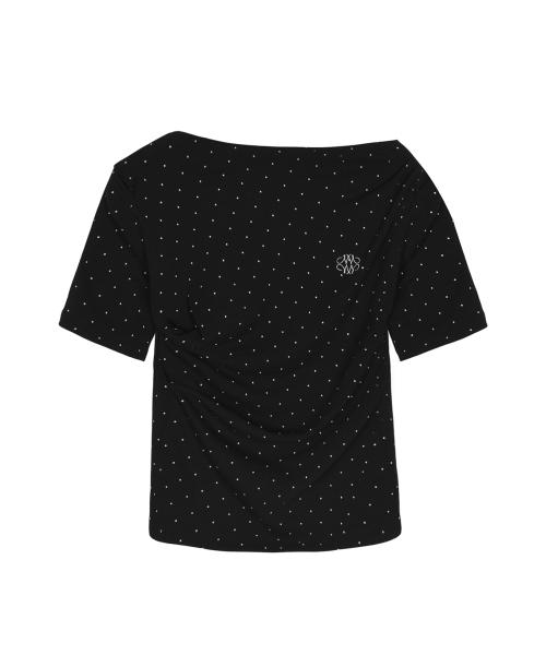 DOT HALF SHIRRING DRAPE BOAT NECK TOP_BLACK
