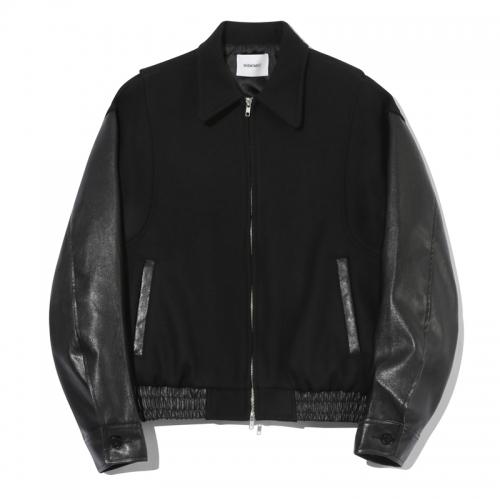 Leather Sleeve Wool Varsity Jacket Black