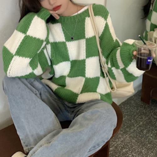 초가을/겨울 레이어드 레트로 체크 라운드넥 그린 바둑판 루즈핏 긴팔 니트 스웨터