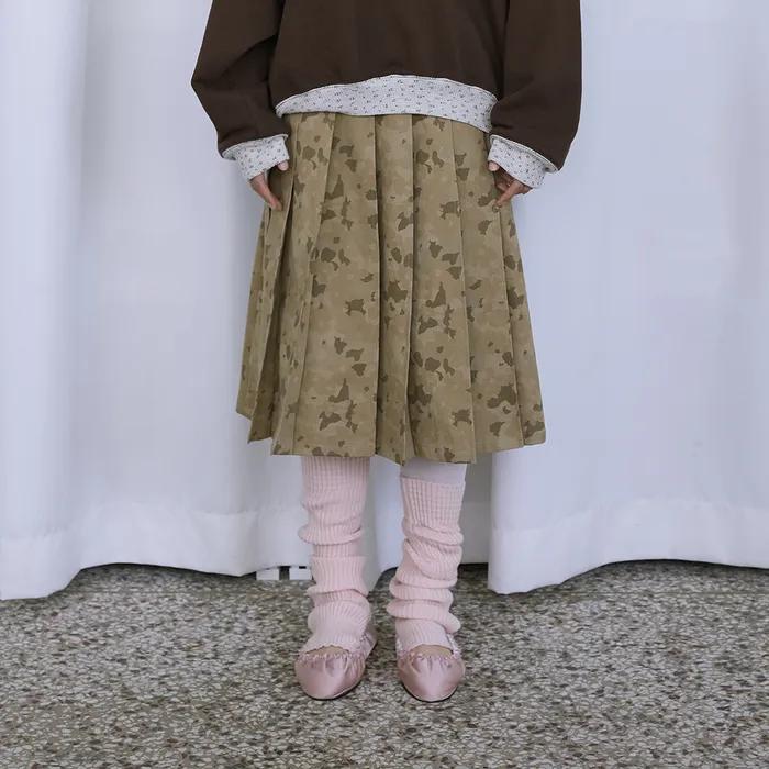 Camo Flower Pleats Midi Skirt_Beige