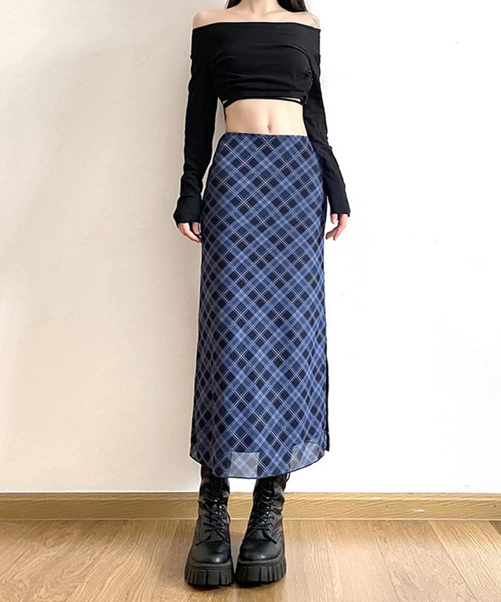 로이스 사선 체크 롱 쉬폰 스커트