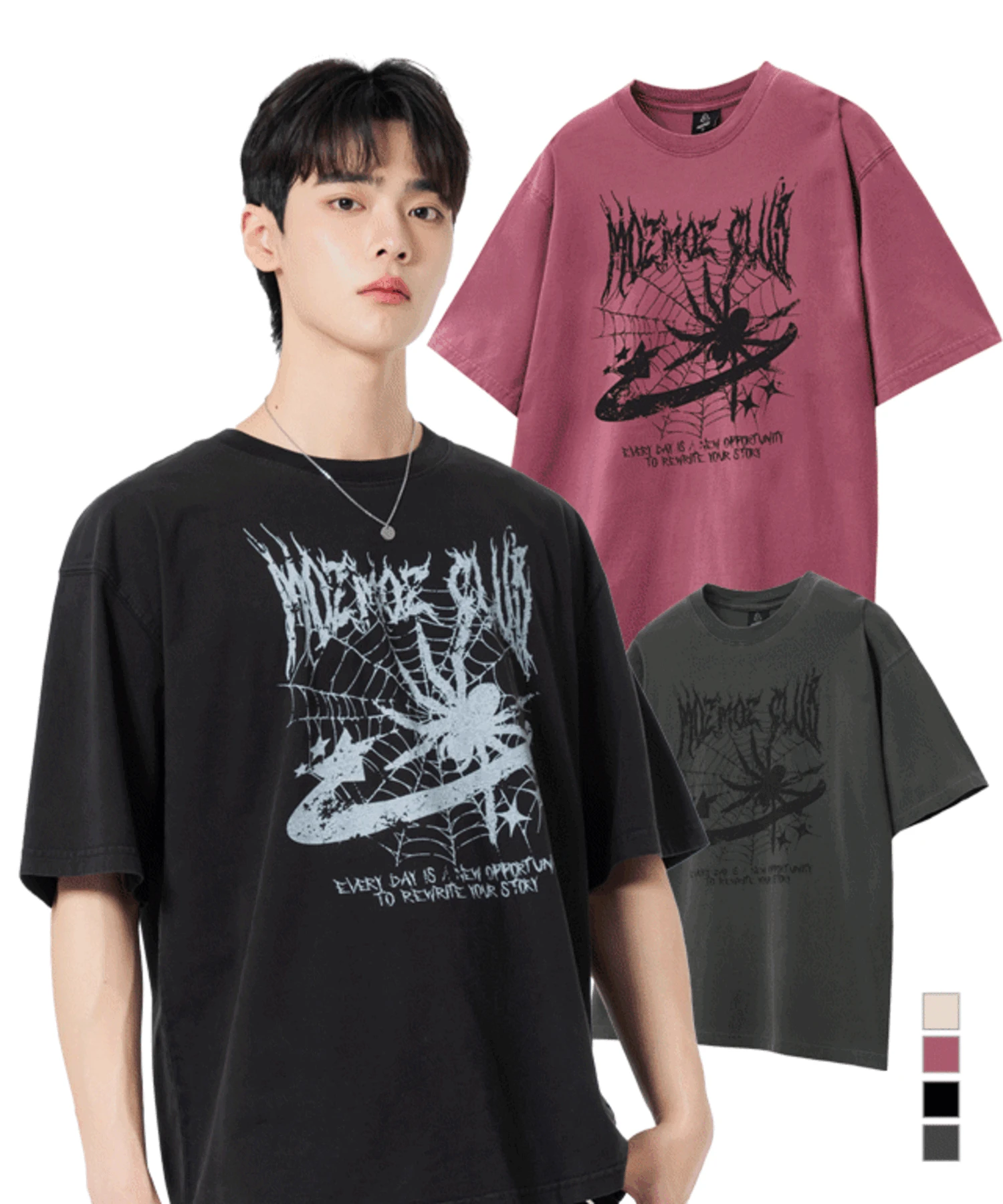 [4COLOR] 스파이더 오버핏 피그먼트 반팔 티셔츠