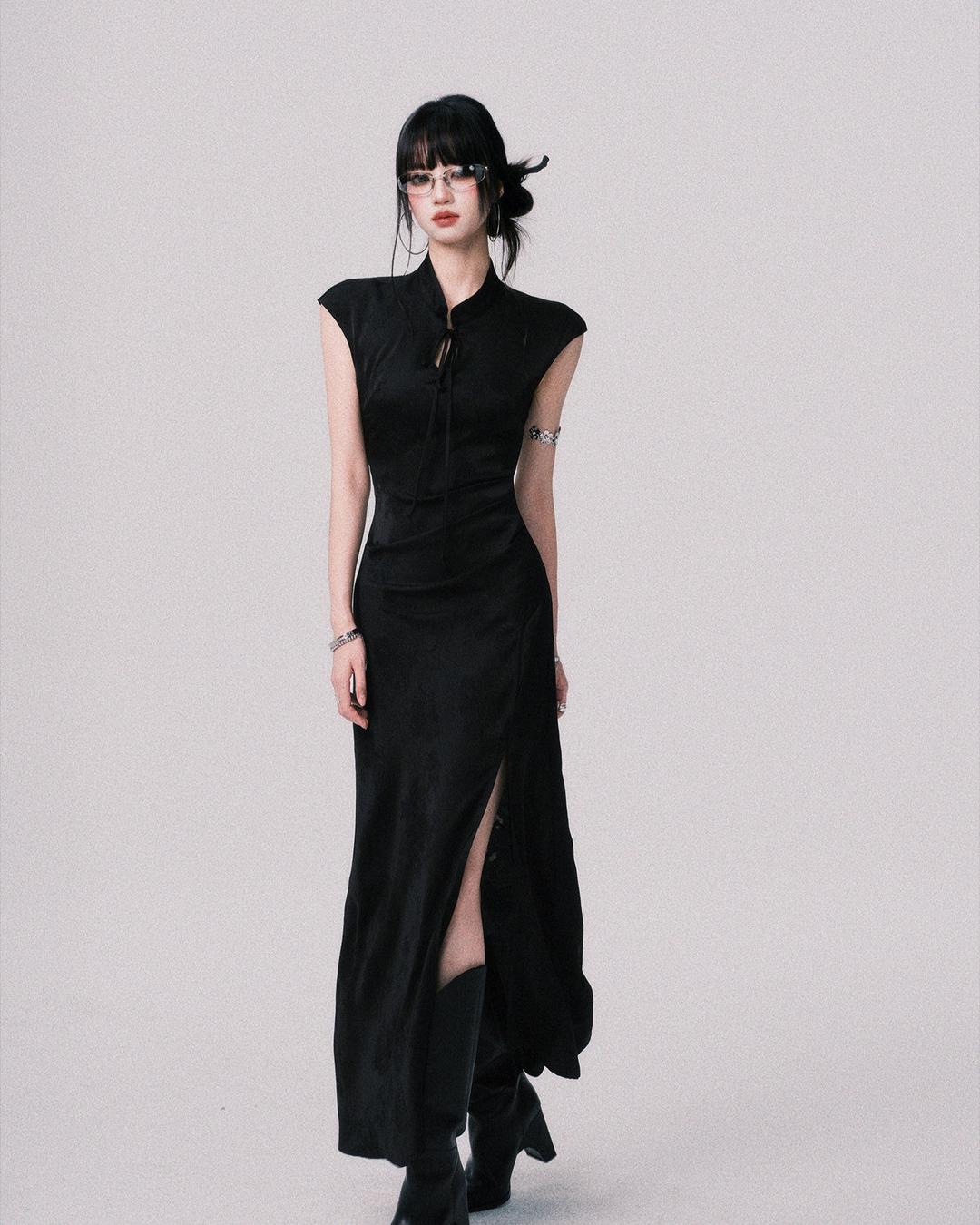 Black Jacquard Chinese Style Dress LUL0151