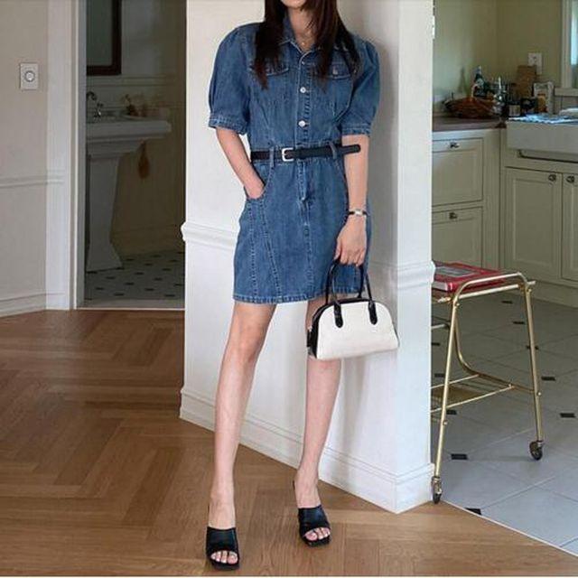 반팔데님원피스 데님미니원피스 벨트포함