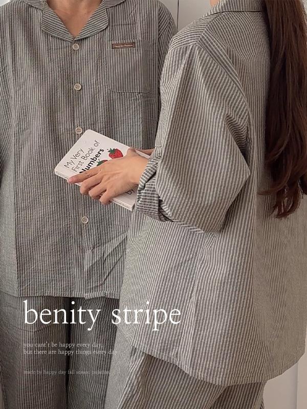 해피데이 🏆3천장 돌파🔥 H.made✔ 베니티 스트라이프 잠옷 커플 긴팔 파자마 세트 2color 직진배송