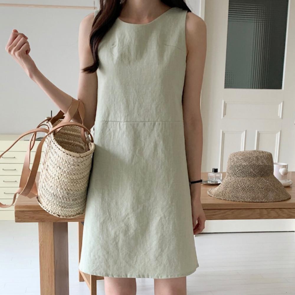 심플한 라운드넥 린넨 민소매 미니원피스 3color