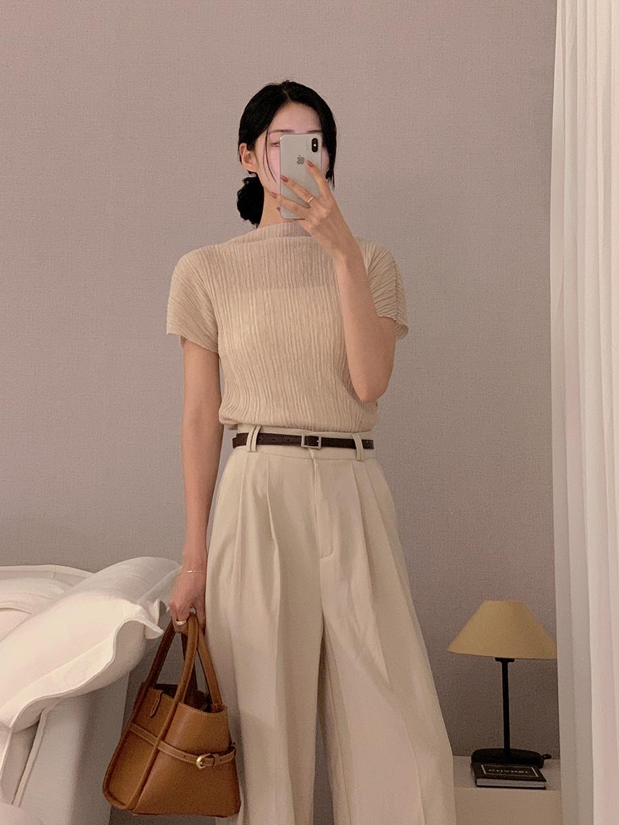 로핀 니트 플리츠 반팔 티셔츠