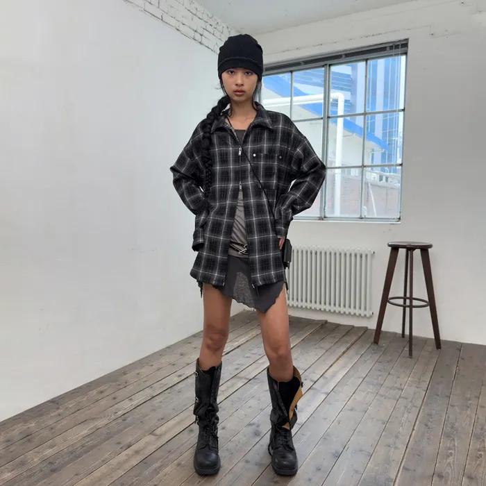 RIVET OVER CHECK SHIRT JACKET-CHARCOAL