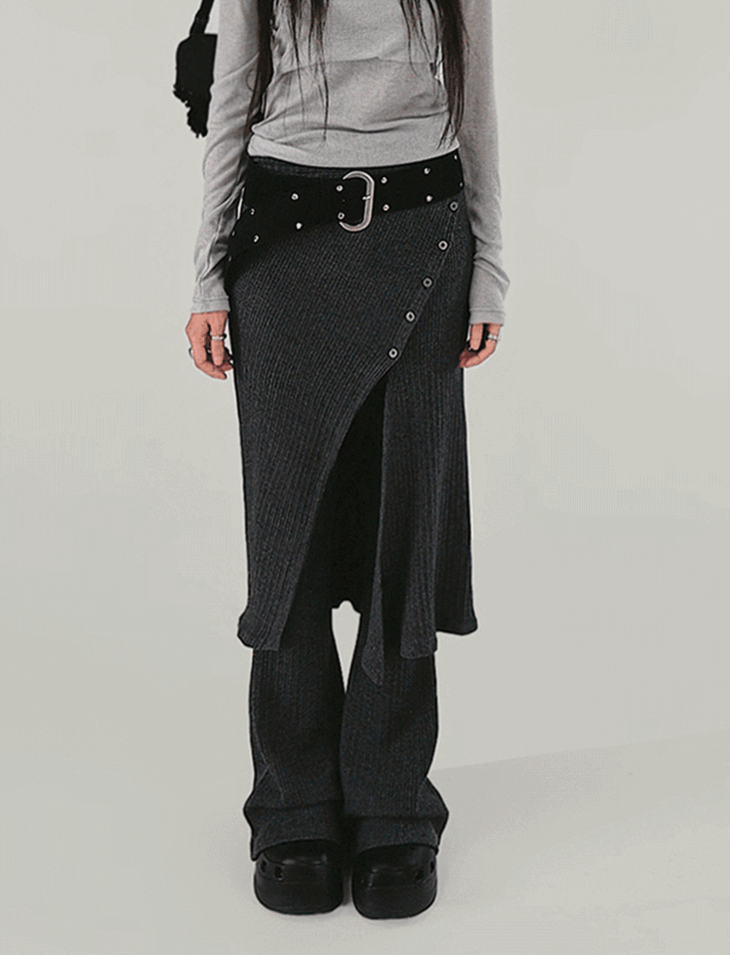 NEEJ LAYERED SET KNIT WRAP SKIRT BOOTCUT PANTS 니즈 레이어드세트 니트 단추 랩스커트 부츠컷 밴딩 치마팬츠 (2COLORS)