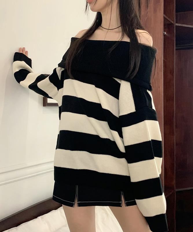 오버핏 박스 단가라 스트라이프 오프숄더 골지 니트 (4COLORS!)