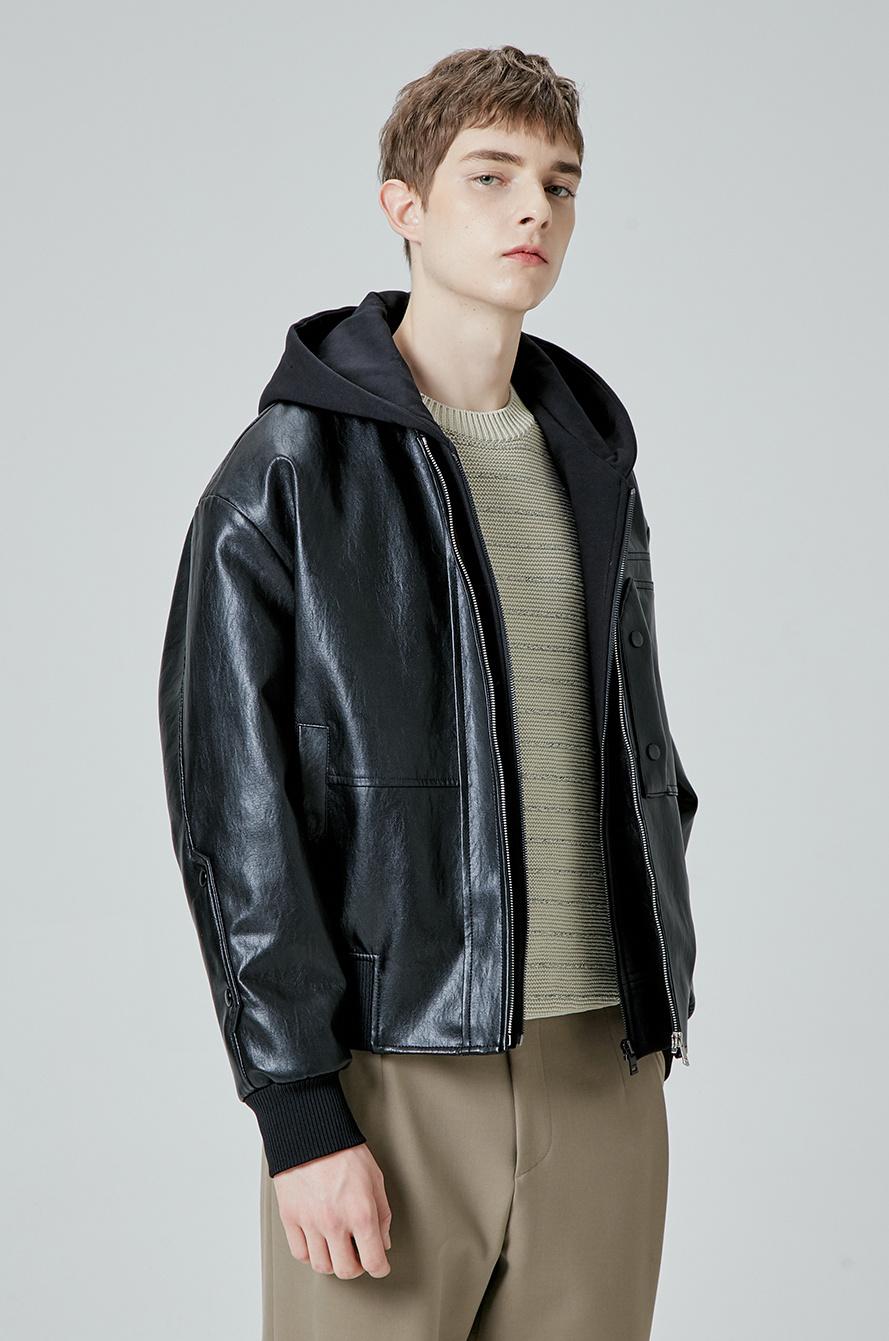 디테쳐블 후드 레더 점퍼