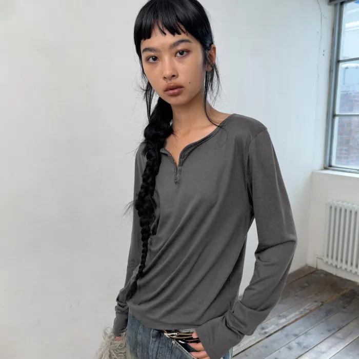 HOOK HENRY NECK LONG SLEEVE T-SHIRT-GRAY