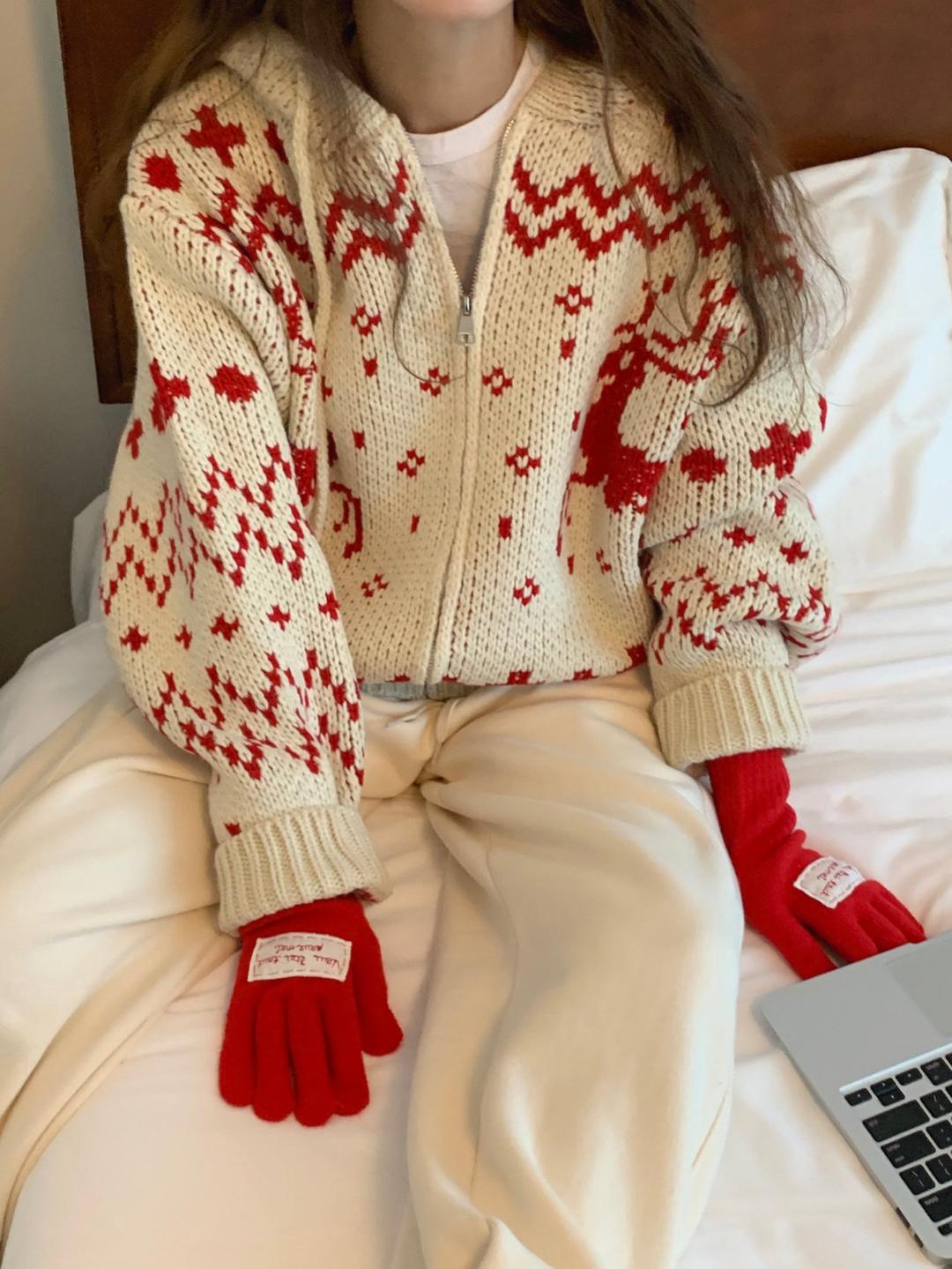 사슴 후드 니트 집업 가디건 노르딕 울 cd 3colors