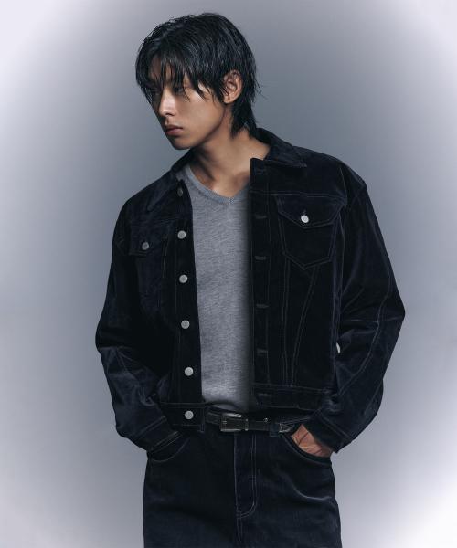 크롭 벨벳 데님 트러커 자켓 [미드나잇네이비]