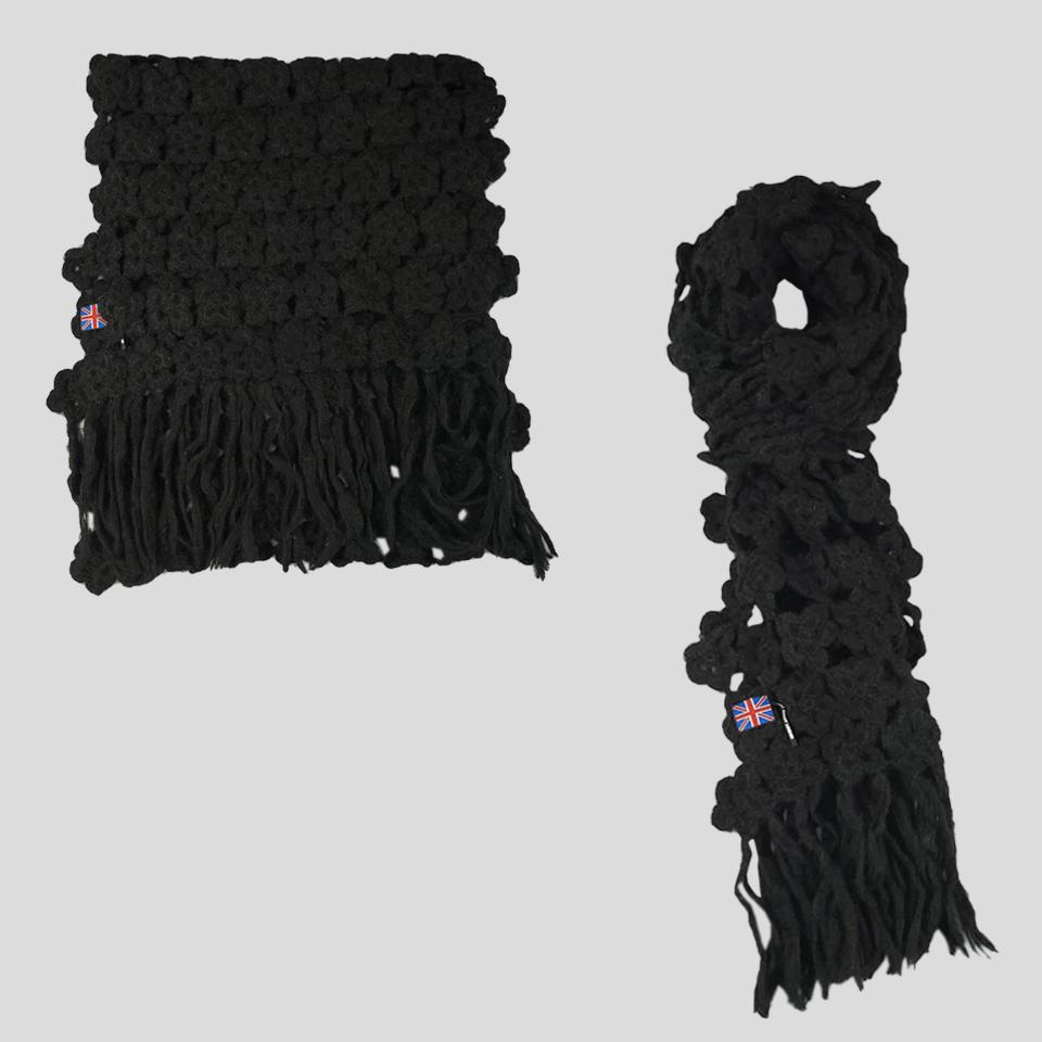 MARY QUANT LONDON 블랙 플라워 꽃 크로셰 울혼방 니티드 테슬 목도리 머플러