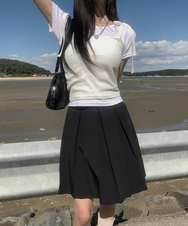 로커 미디 나일론 플리츠 스커트