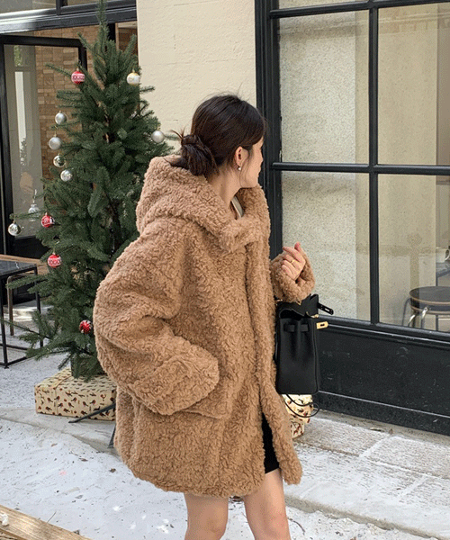 도톰따뜻 루즈핏 후드 양털 덤블 하프 코트