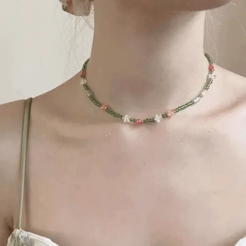 [당일/주문폭주]초록초록 크리스탈 플라워 구슬 레이어드 비즈 목걸이