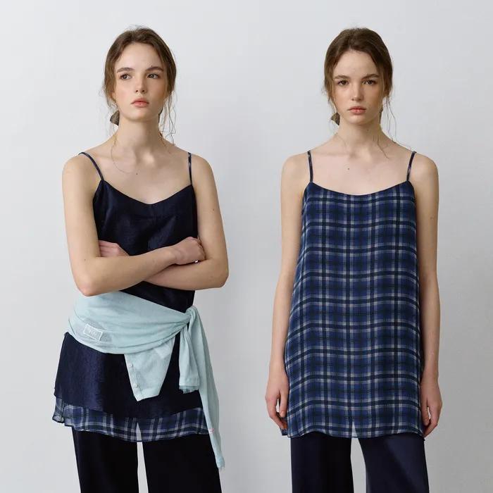 [지연착용][Reversible] 새틴 레이어드 미니 원피스_Navy-Check