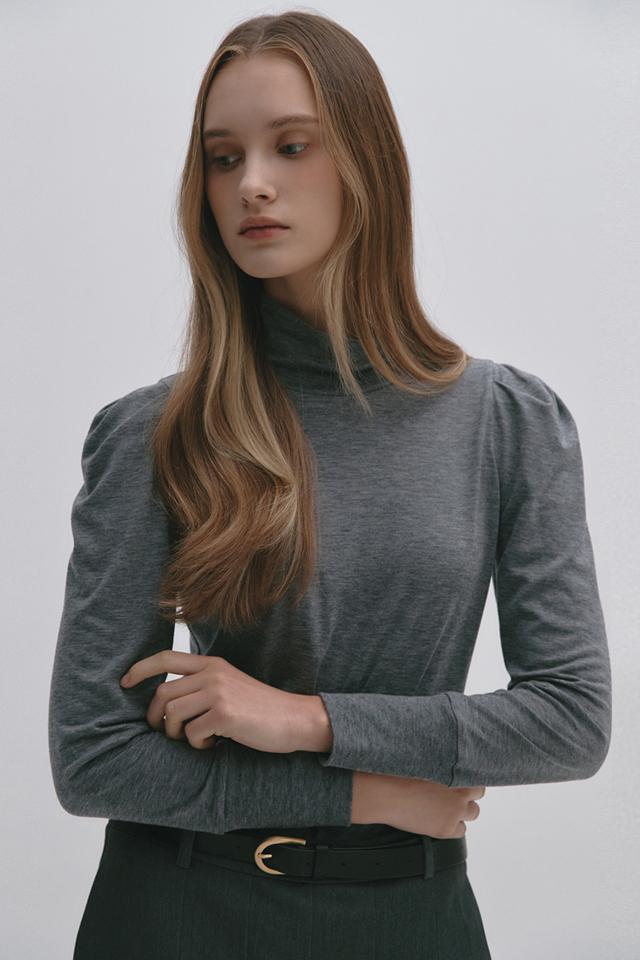 Puff Sleeve Turtle Neck T-Shirt MELANGE GREY