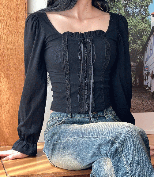 [봄컬러추가/made/발레코어]빈티지 레이스 스퀘어넥 크롭티